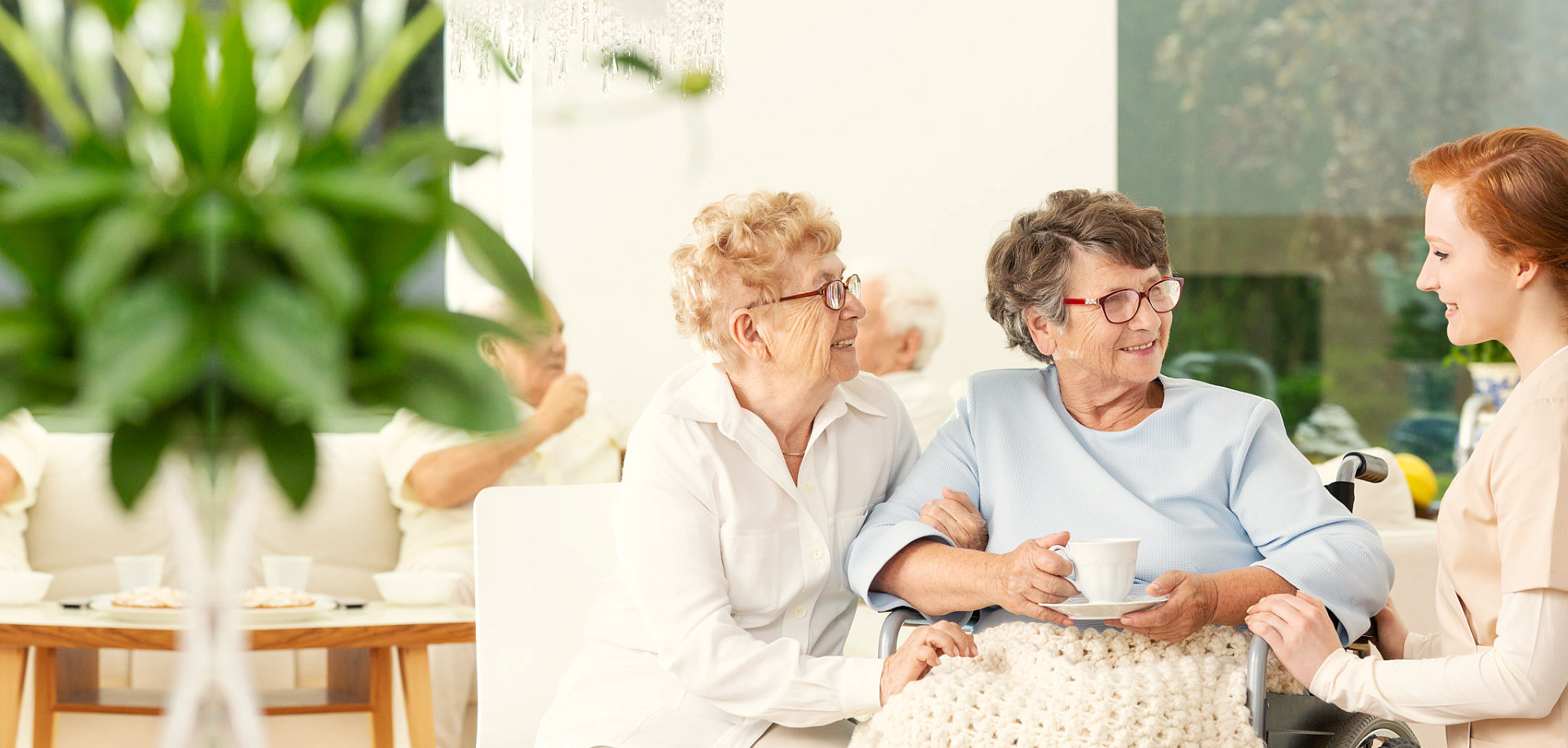 caregiver talkin to her elderly patients